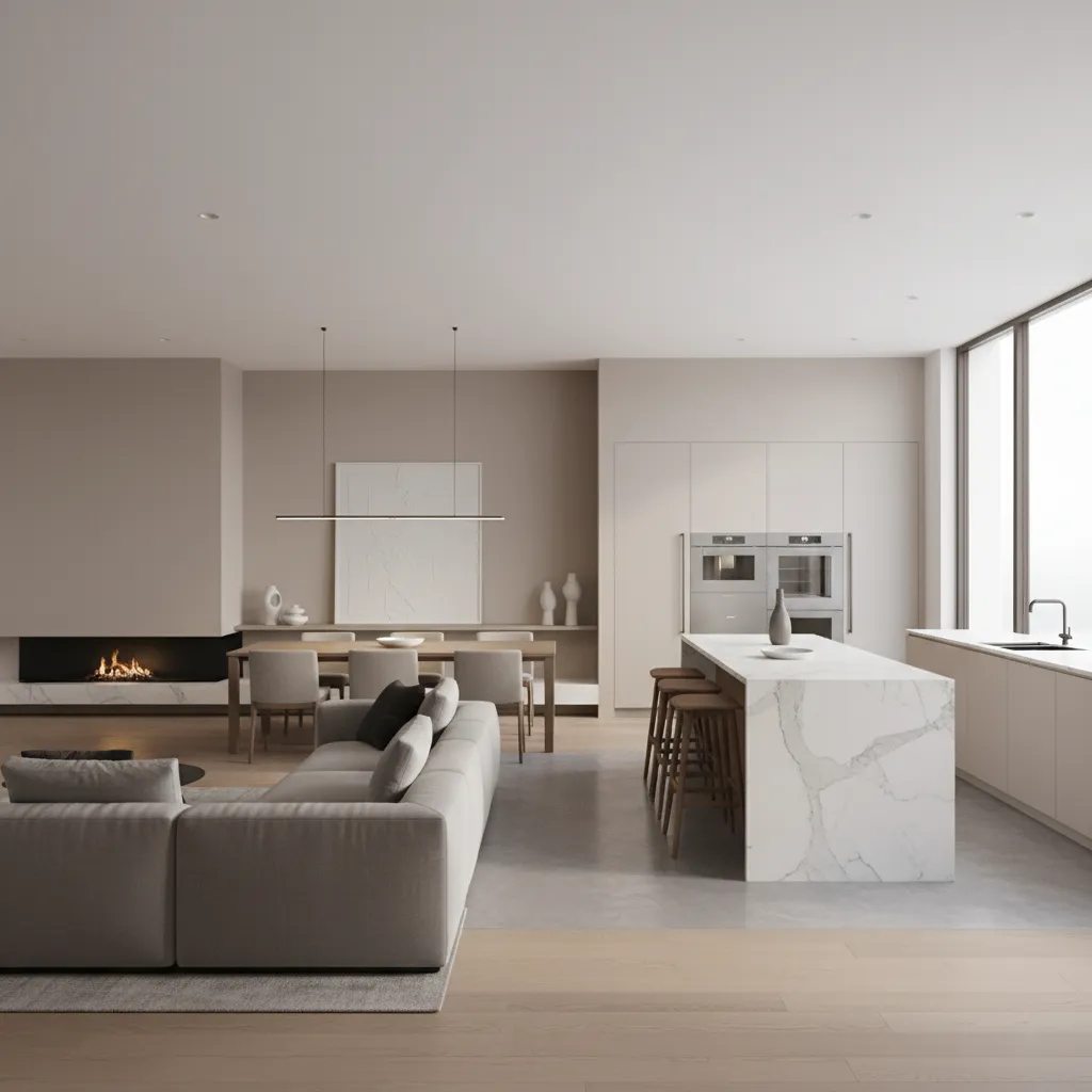 Open concept kitchen living room zoning layout with furniture placement