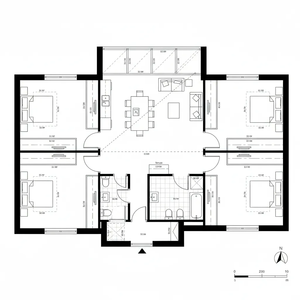 Top-down CAD plan of open core great room with split private bedroom wings