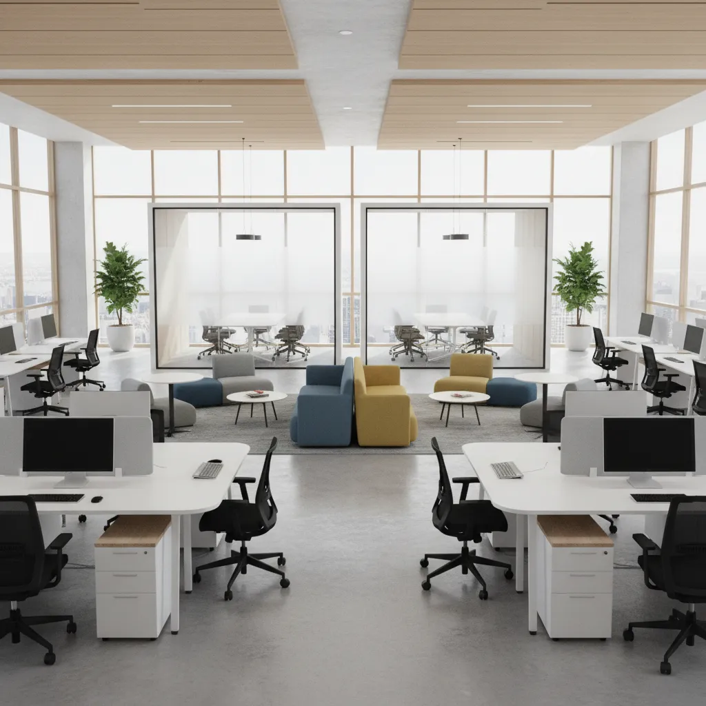 open corporate office with collaboration zones and workstations