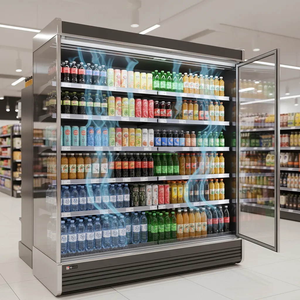 Open refrigerated display cabinet with visible airflow cooling circulation