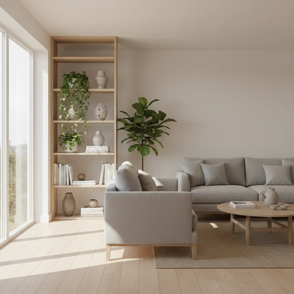 Open shelving divider allowing sunlight to pass through living room