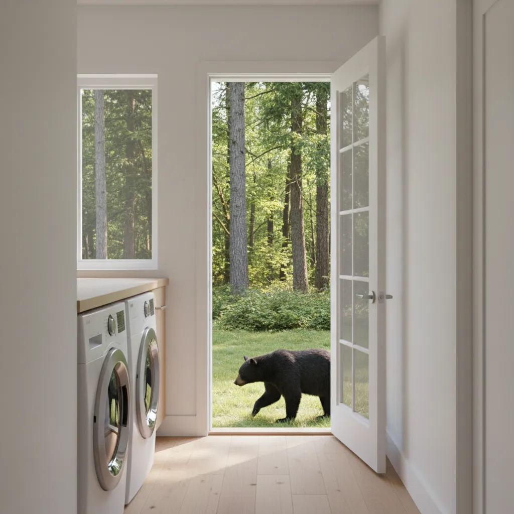Modern laundry room with washing machines and open door showing a bear in the forest