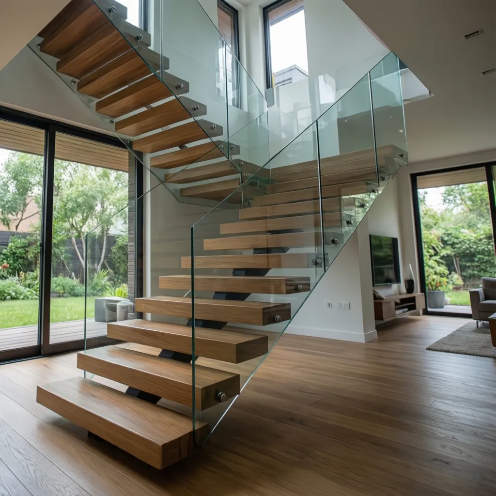 Escalera flotante moderna con peldaños de madera y barandilla de vidrio