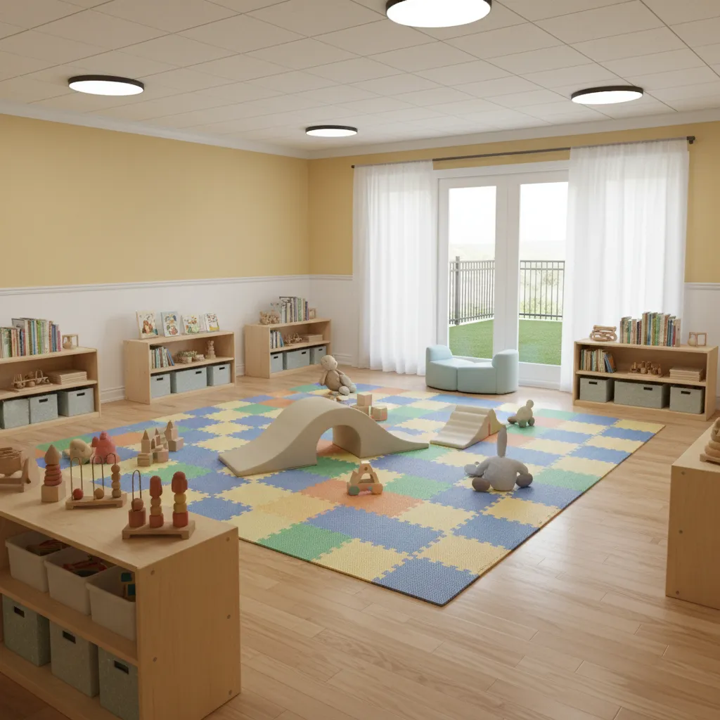 Open floor daycare classroom with large play area and minimal furniture