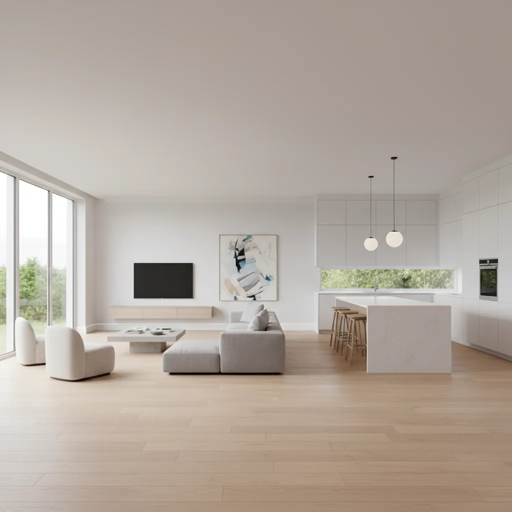 Open concept living room kitchen showing continuous baseboard along walls