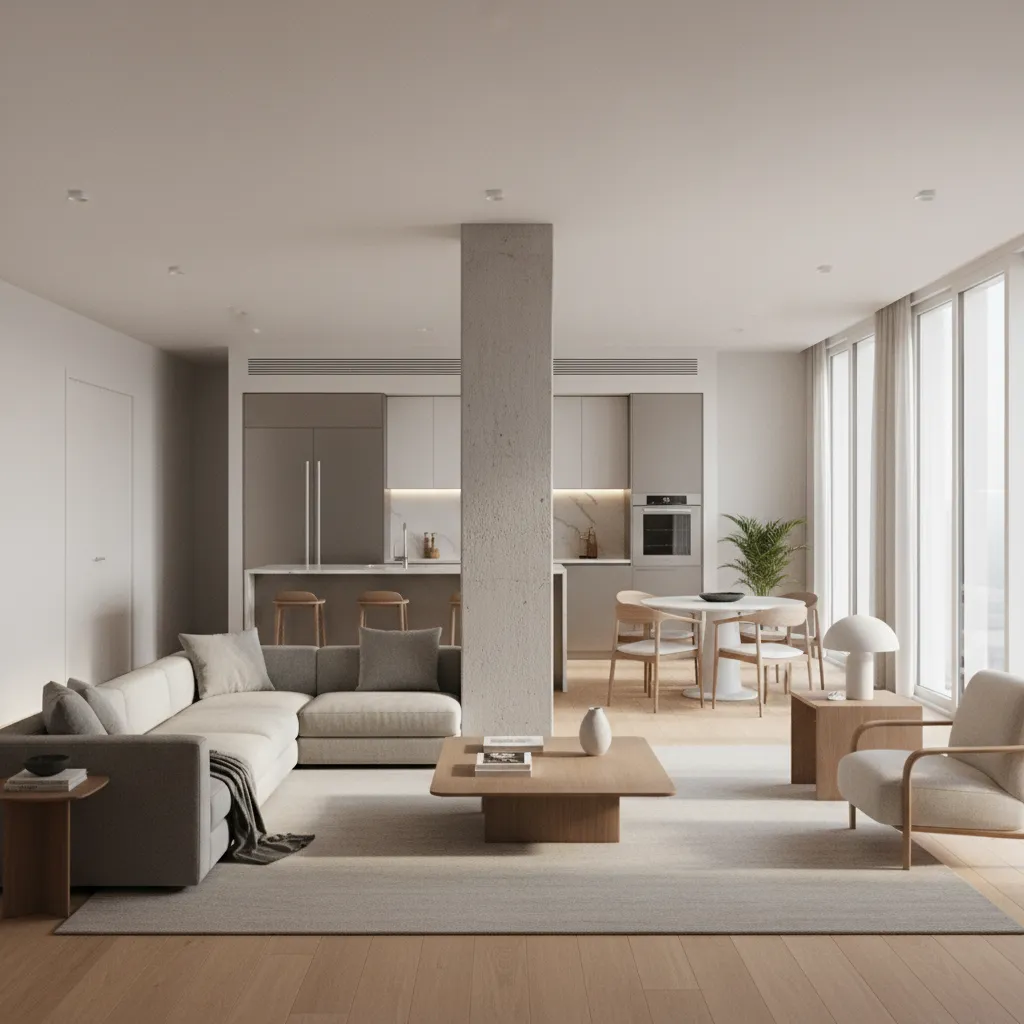 open living room with a structural column disrupting furniture layout