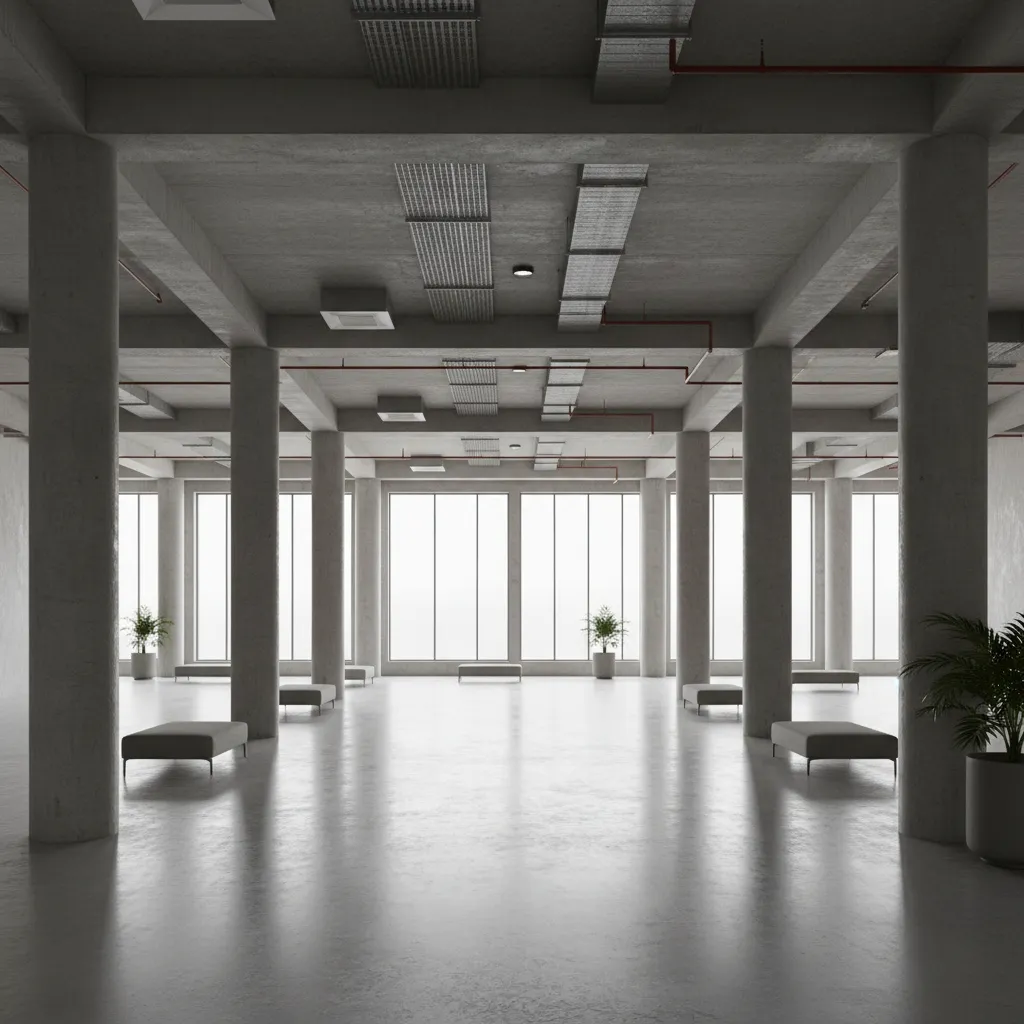 Open commercial interior showing evenly spaced structural column grid