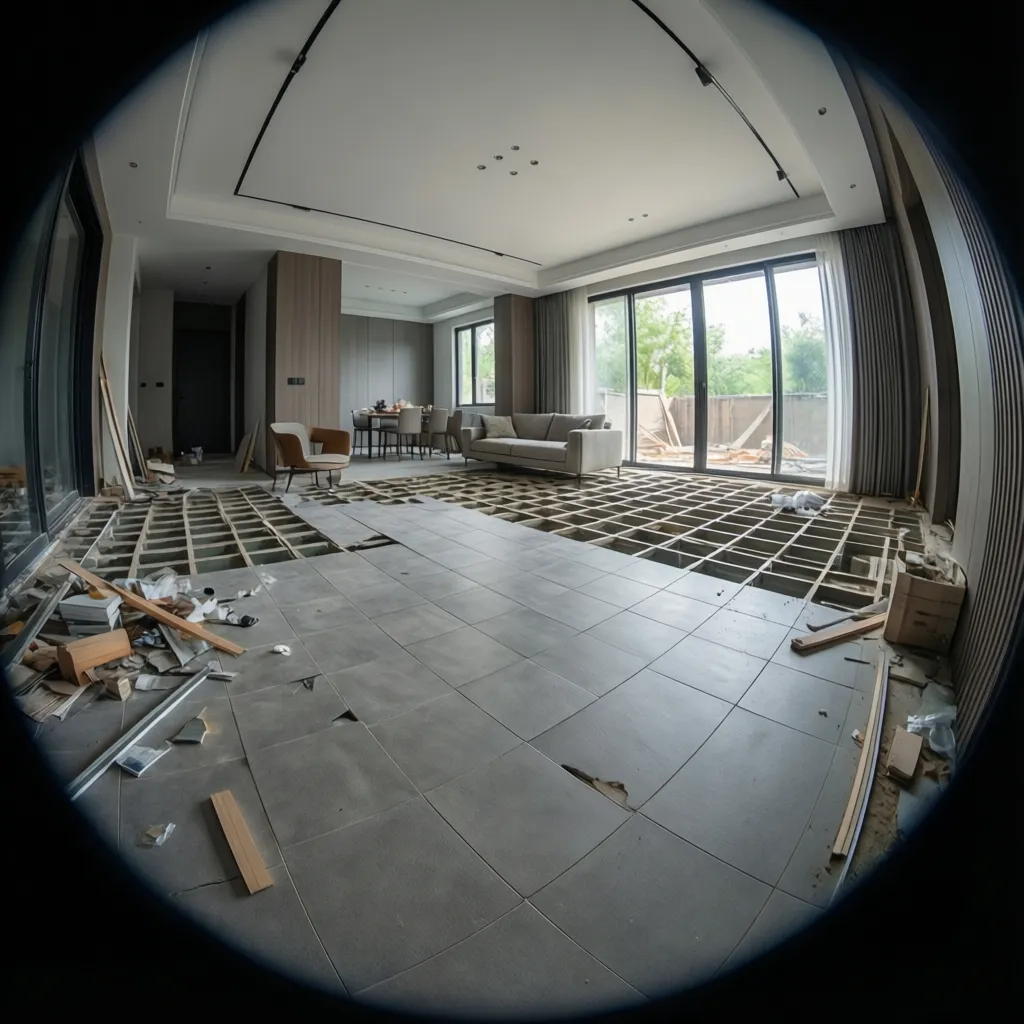 open floor plan showing tile layout for flooring installation