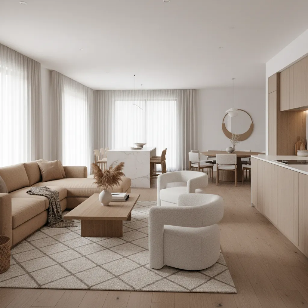 furniture layout in open floor plan living room showing seating zone