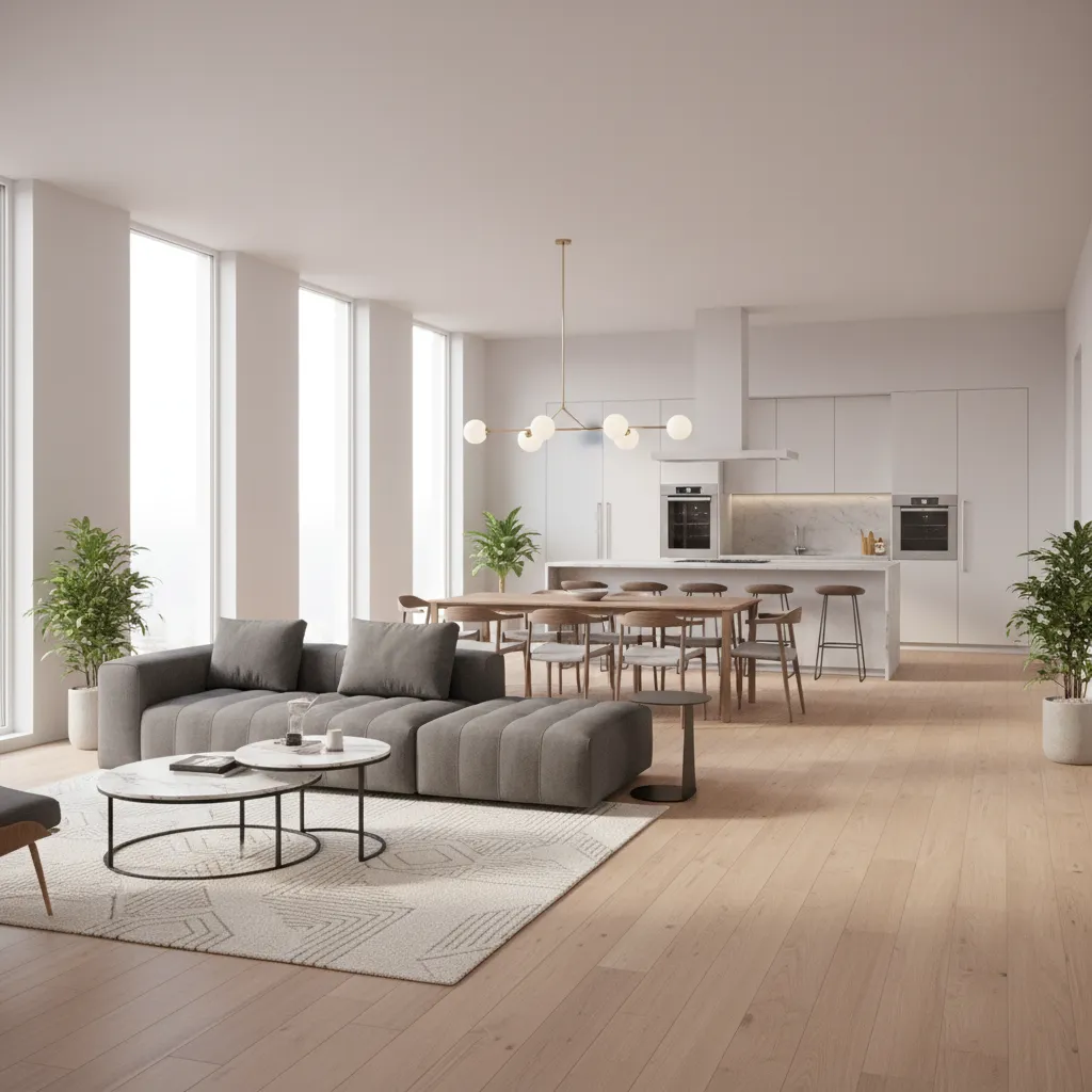 Open floor plan with furniture zoning separating kitchen dining and living areas