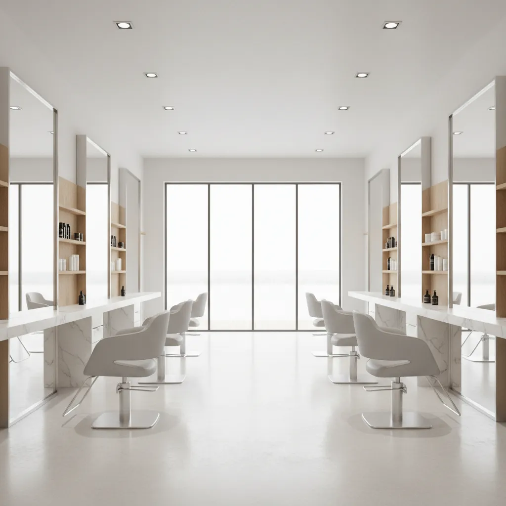 Open hair salon styling area with organized chairs and mirrors