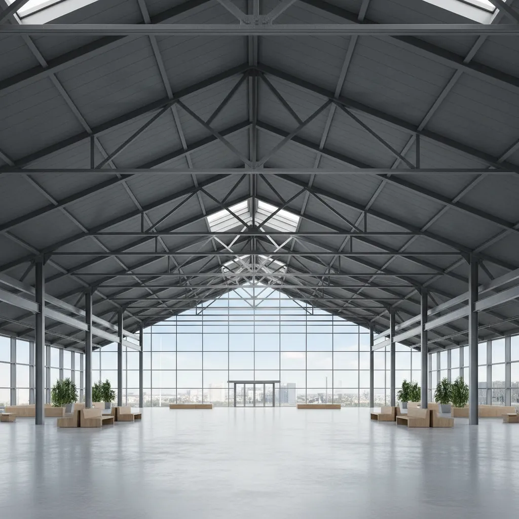 open interior space supported by long span metal trusses