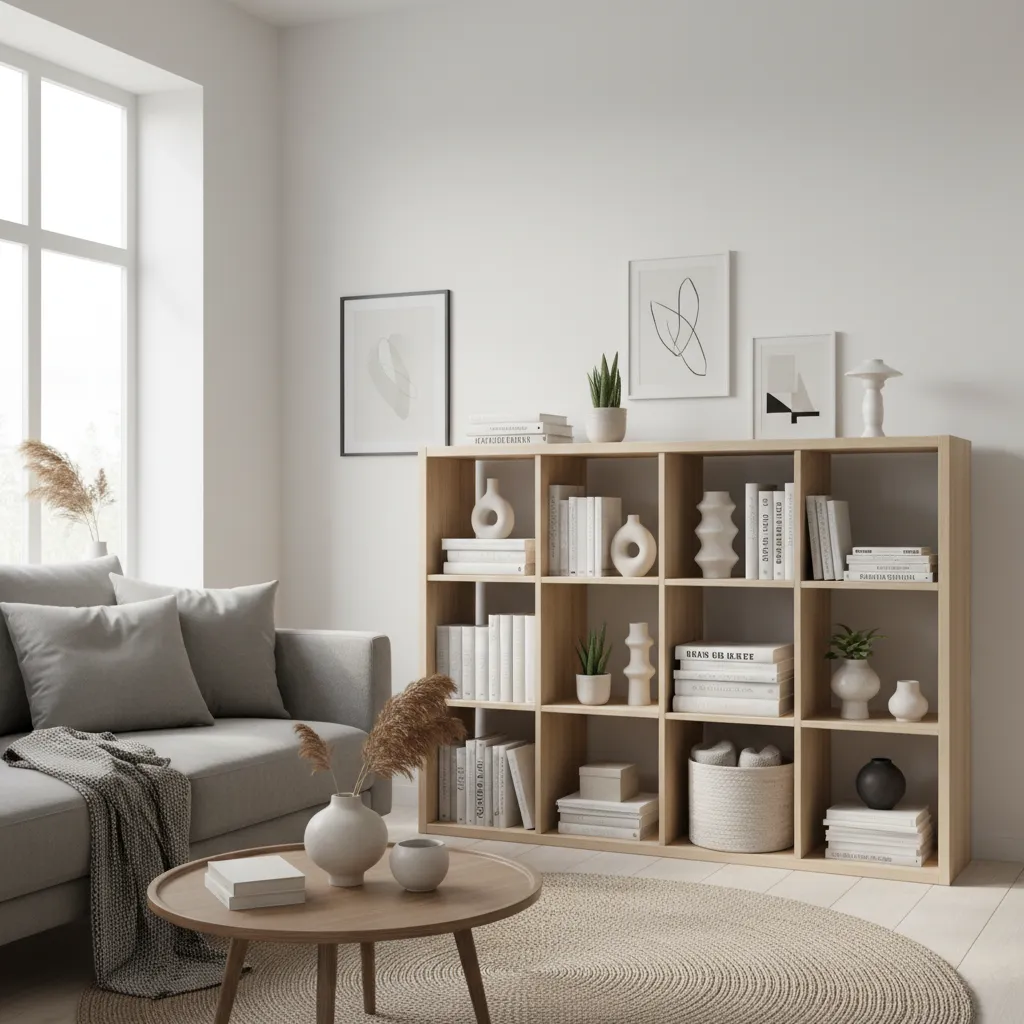 Open IKEA Kallax shelf used for books and decor in a modern living room
