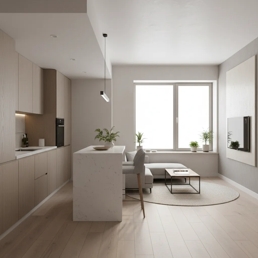 Modern open kitchen with white marble island wooden cabinets grey sofa and large window with plants