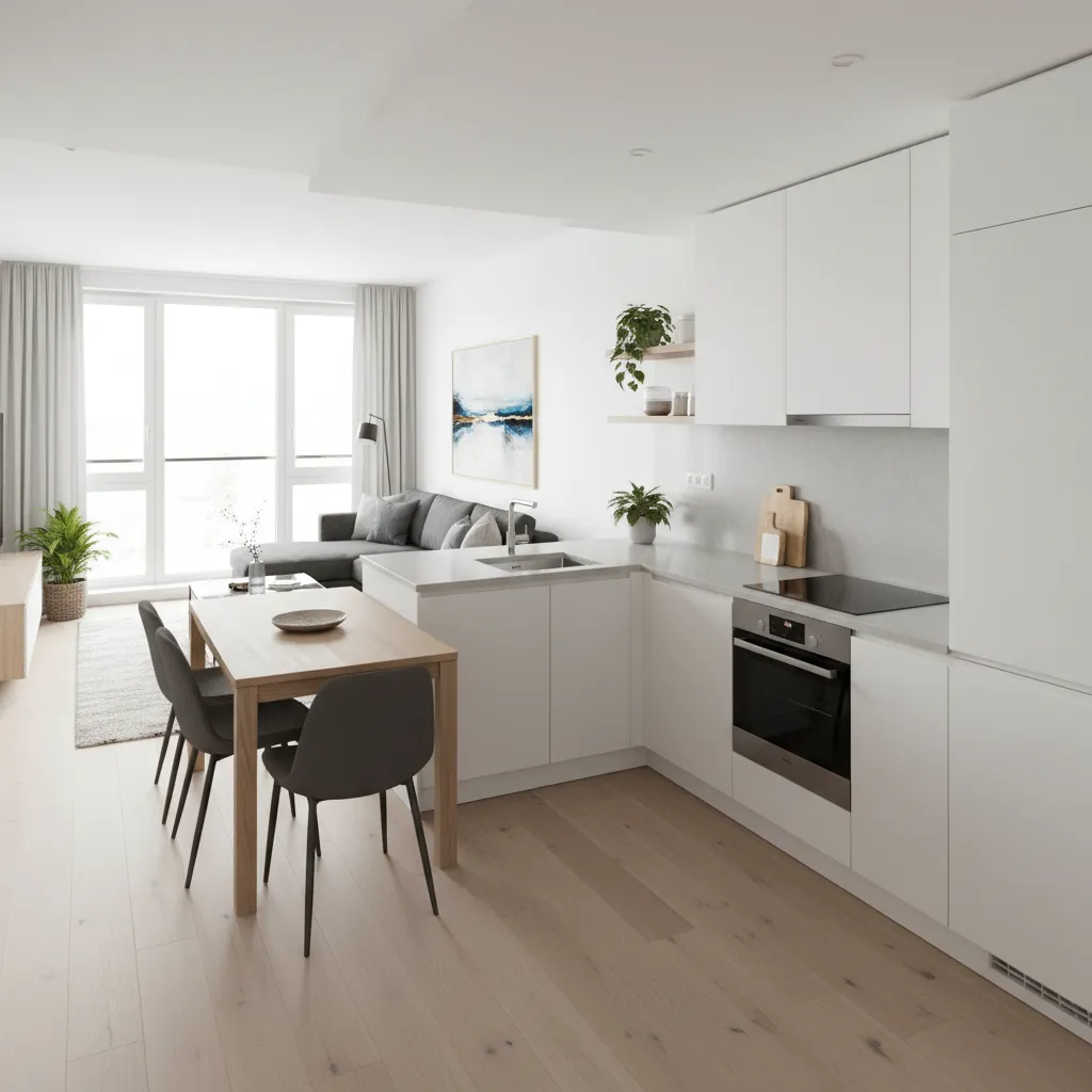 Cocina abierta integrada con sala en un espacio de 7x6 metros