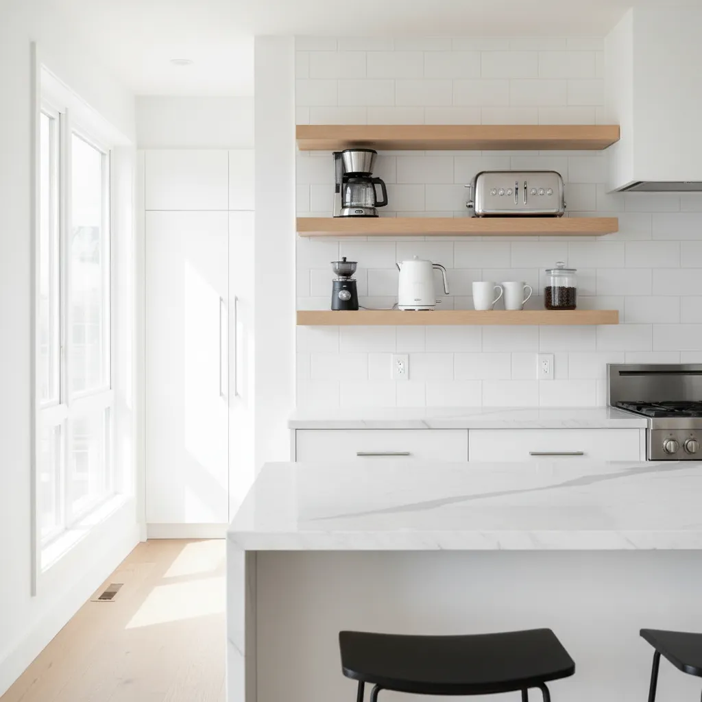 Open kitchen shelf station displaying coffee maker toaster and mugs in organized layout