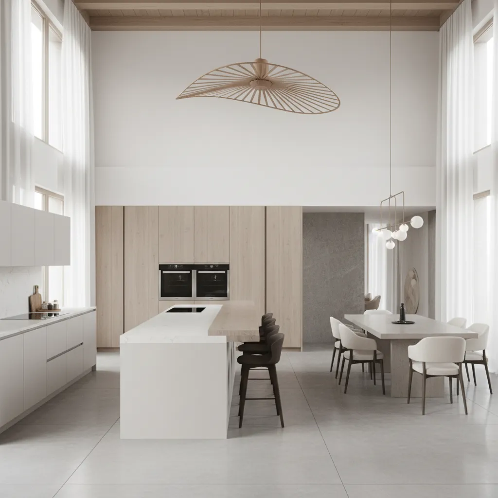 large open kitchen with ceiling fan circulating air