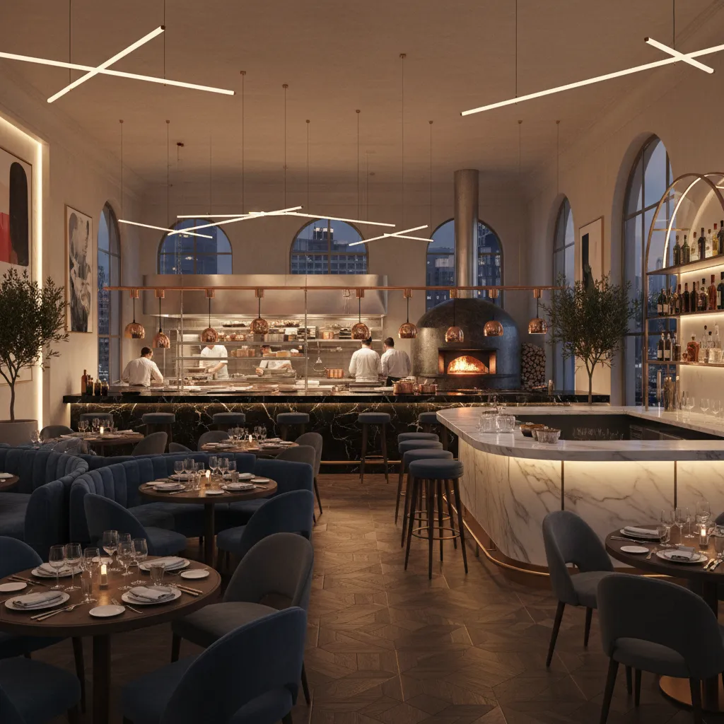 Modern restaurant with open kitchen and chef cooking