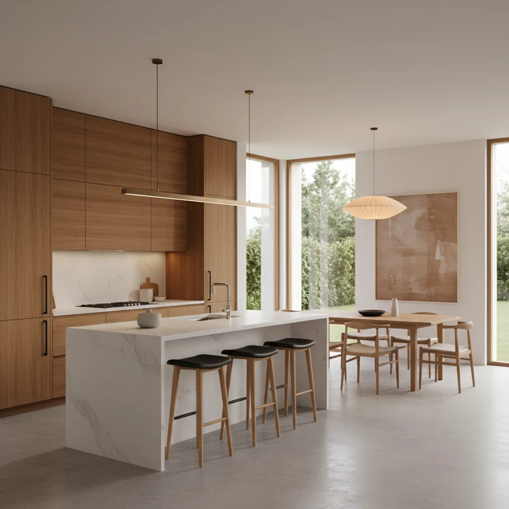 Modern open kitchen with wooden cabinets marble island black bar stools and wooden dining table
