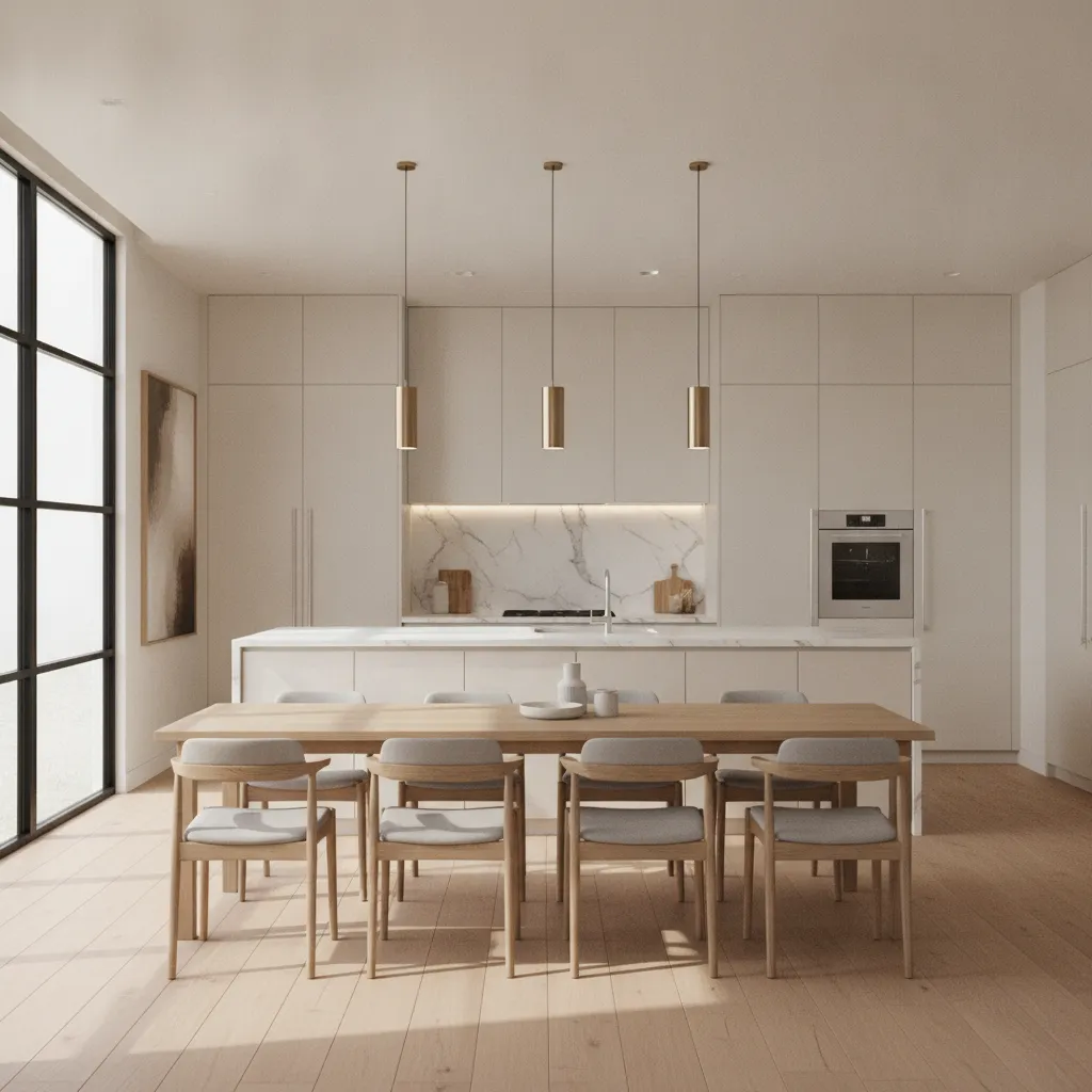 Open kitchen dining layout with island and dining table