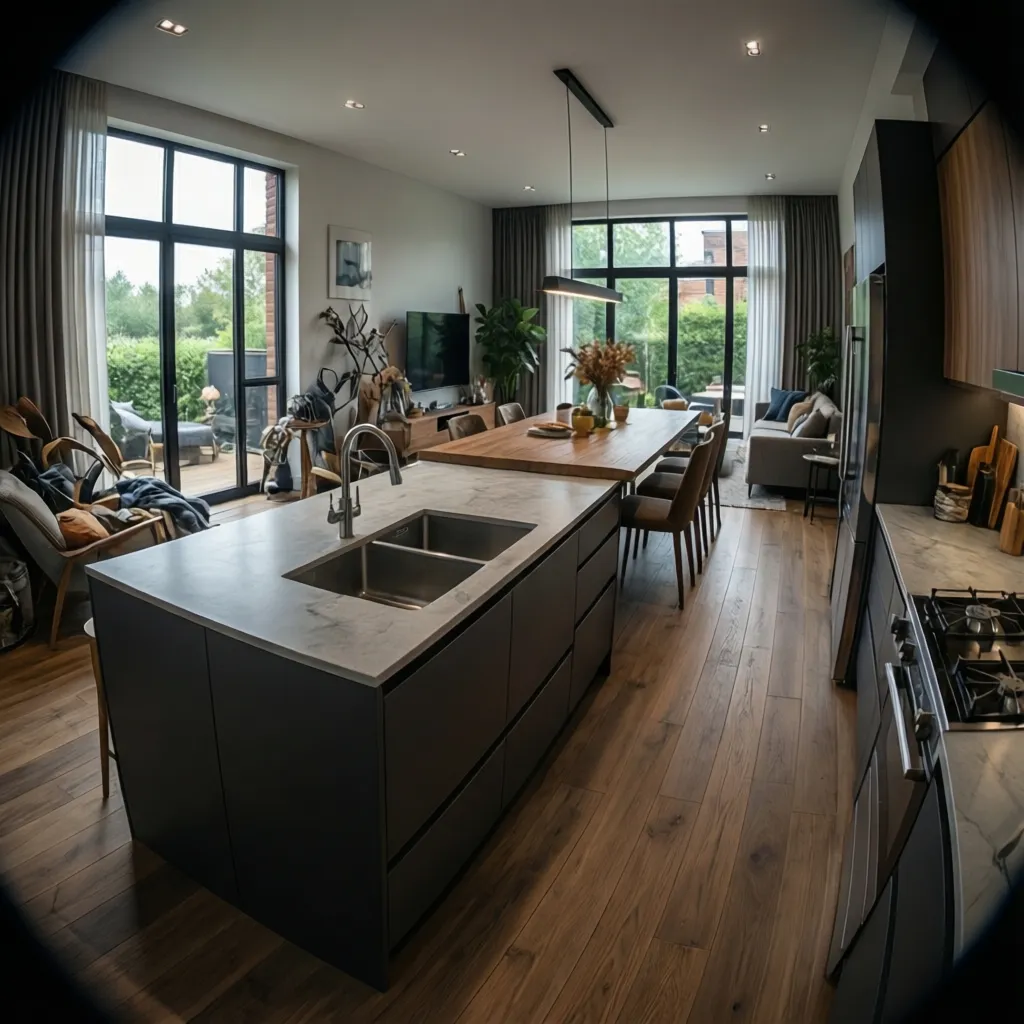 open kitchen connected to dining area with island and natural light