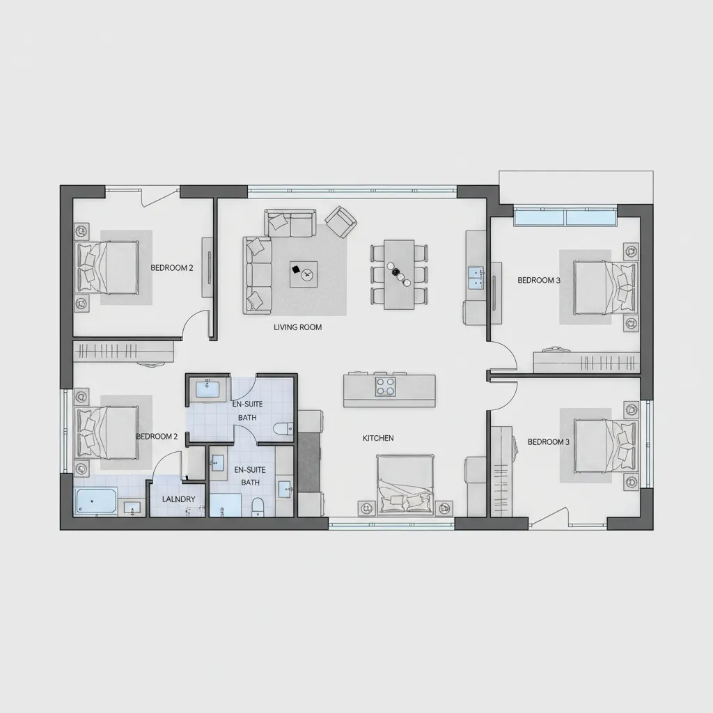 Three bedroom house room layout showing kitchen living room and two bathrooms white floor plan