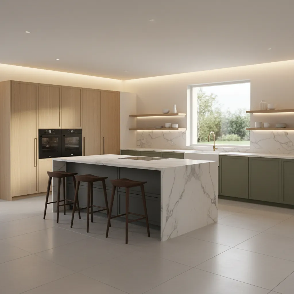 Large open kitchen with island and varied cabinet sizes for different zones