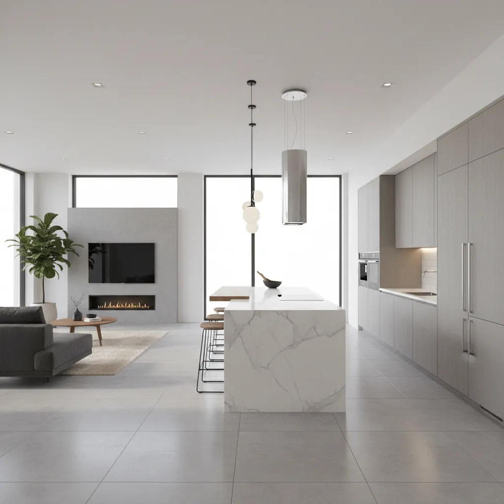 large open kitchen with island cooktop and ceiling mounted chimney hood