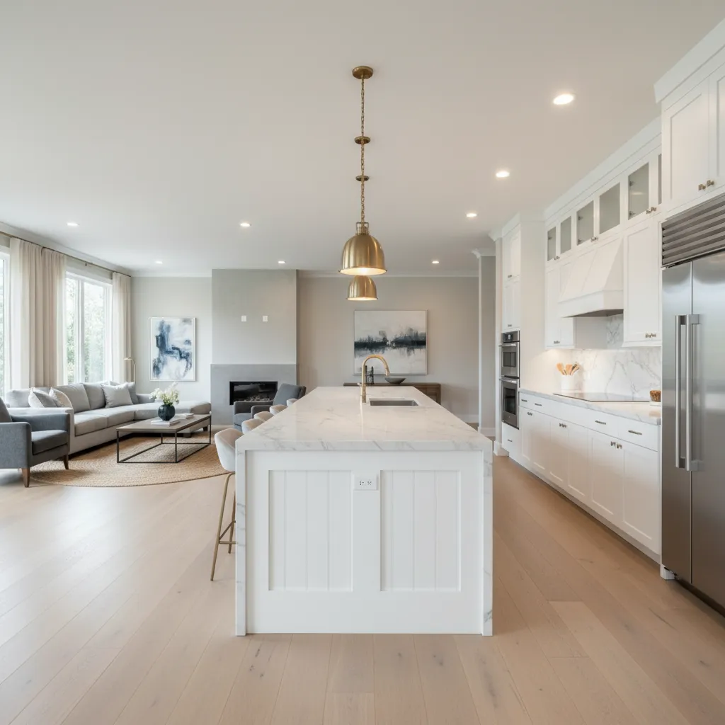 Open concept kitchen with large island connecting kitchen and living space