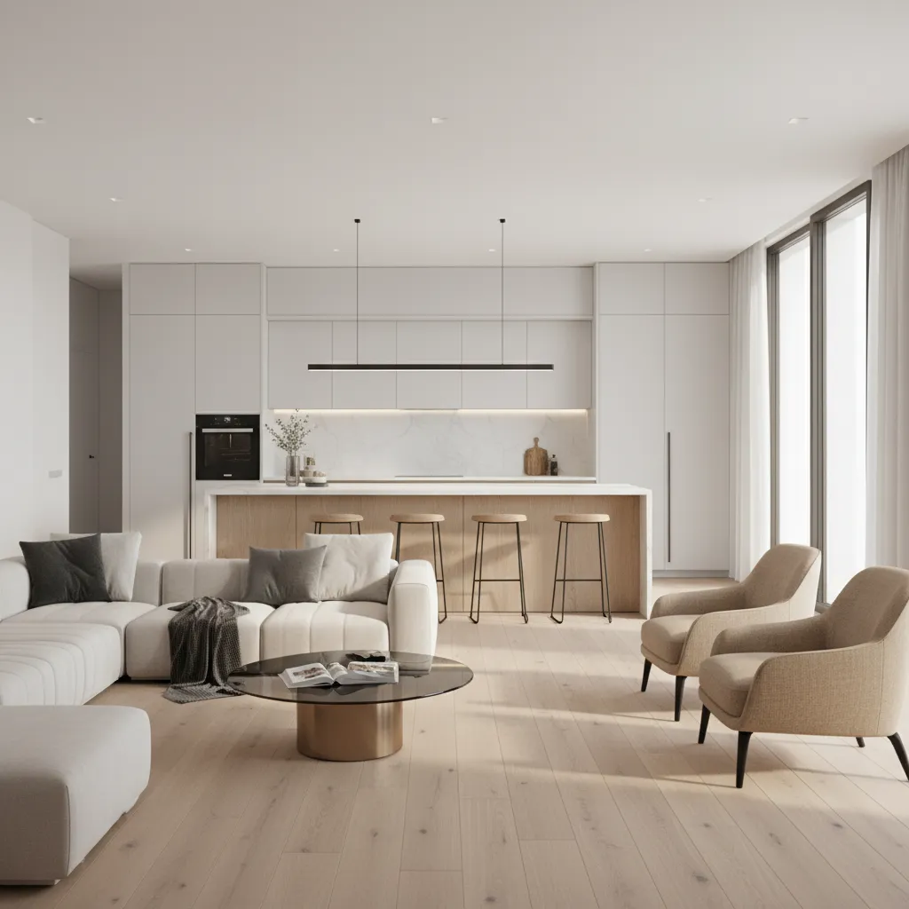 Open kitchen island layout connecting kitchen and living room