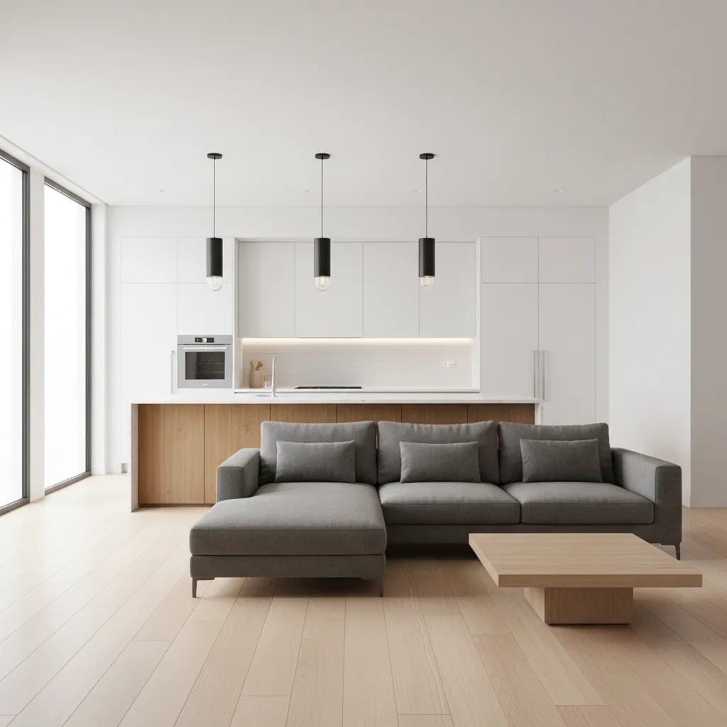 Kitchen island defining boundary between open kitchen and living room