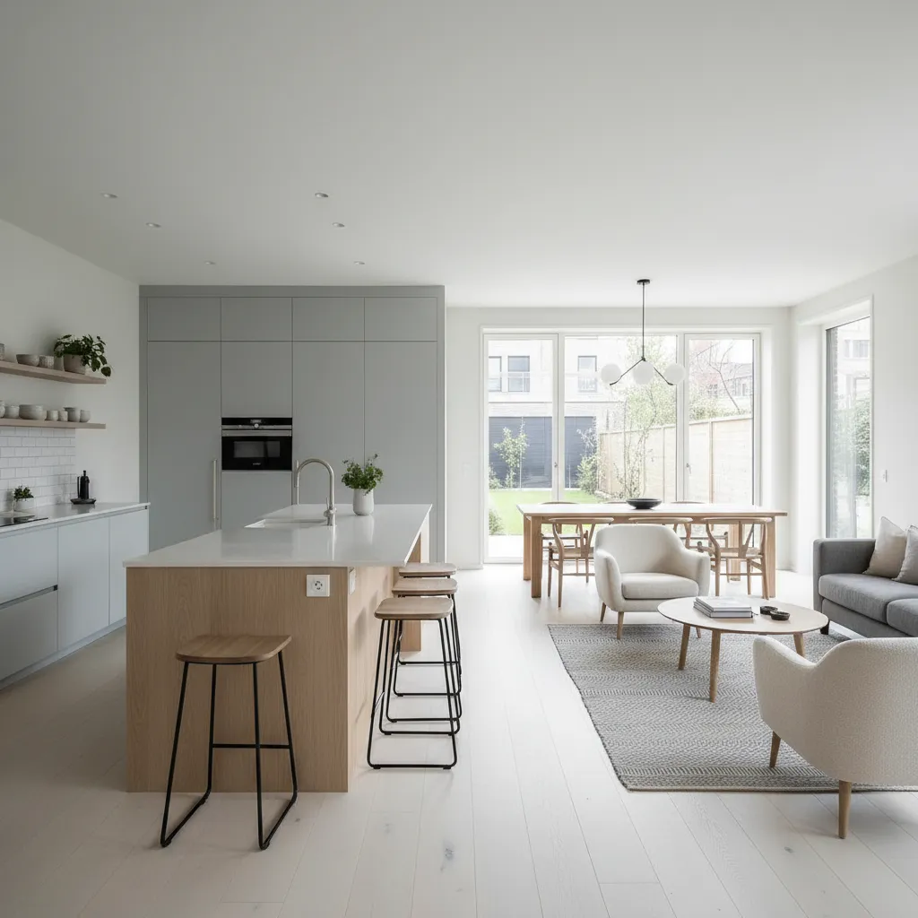Open kitchen with central island facing dining and living area