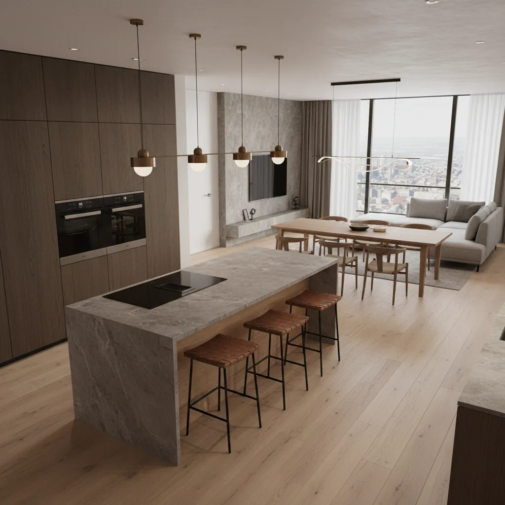 Spacious open kitchen with stone island wood cabinets dining table grey sofa and city view