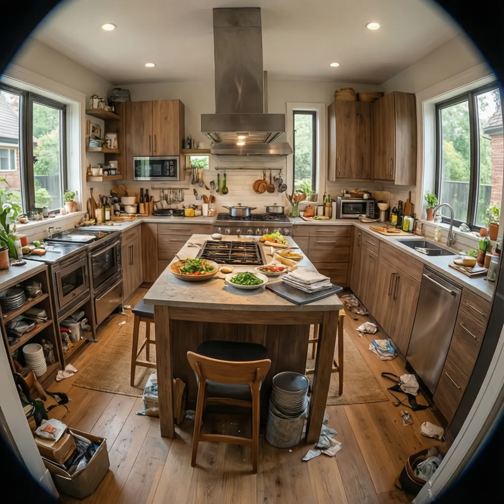 Open kitchen layout showing movement paths around an island and cooking area