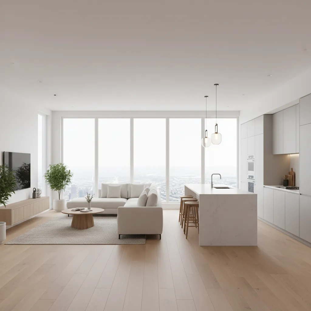 Bright open kitchen connected to living room showing natural light flow