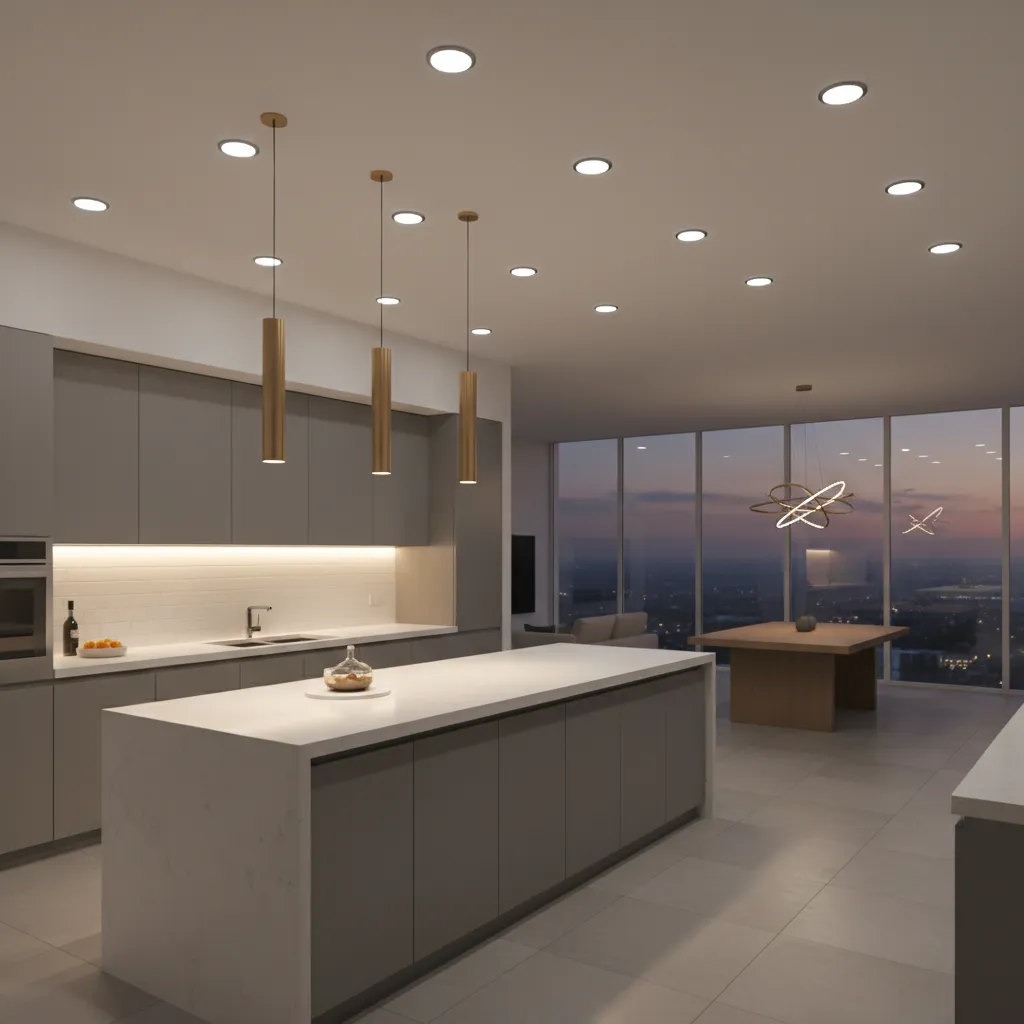 Layered lighting design in an open floor plan kitchen with pendant and recessed lights