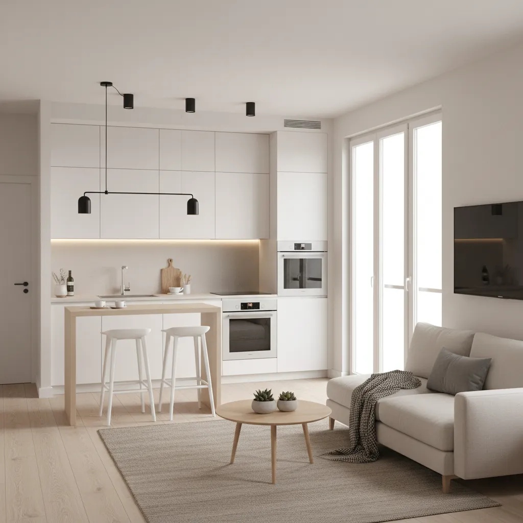Open kitchen and living room layout in a modern 1 BHK apartment