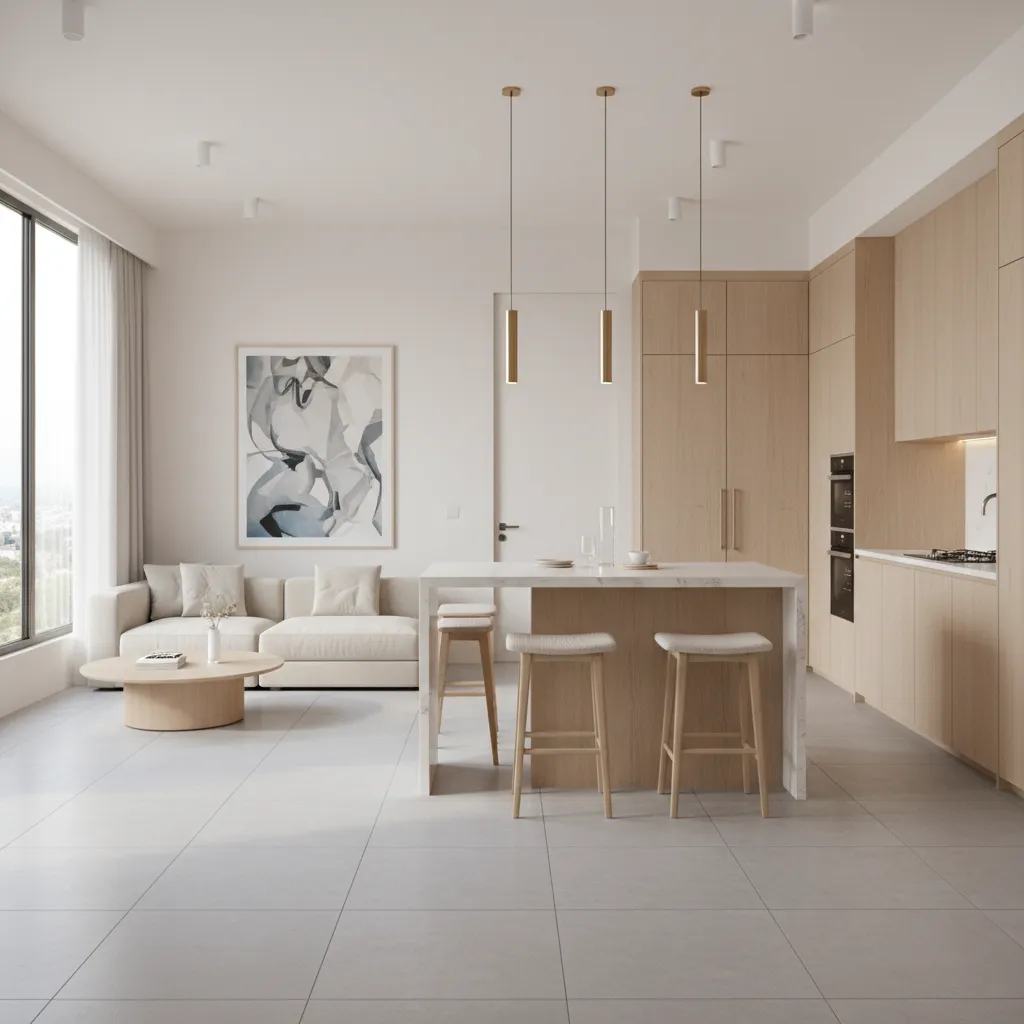 Open kitchen and living layout in a modern Bangalore apartment