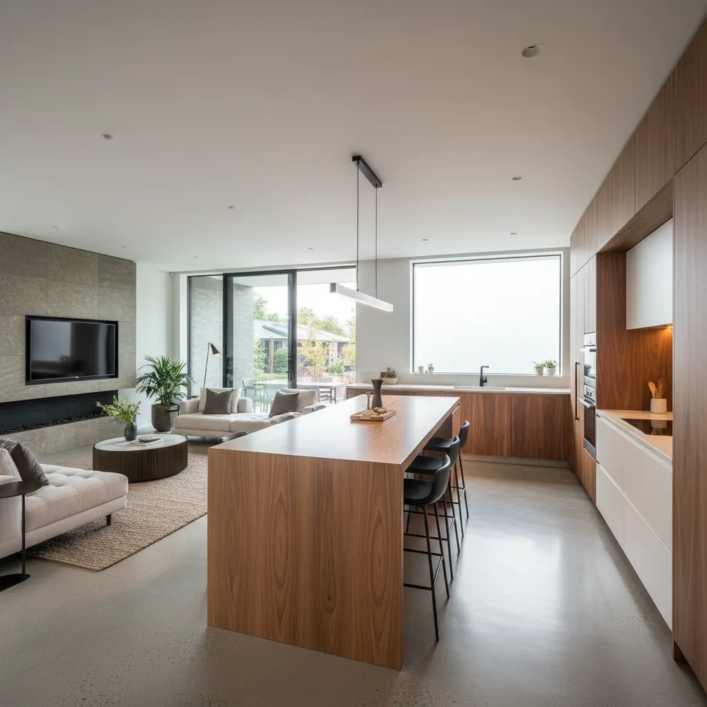 Cocina abierta conectada con salón en una casa moderna
