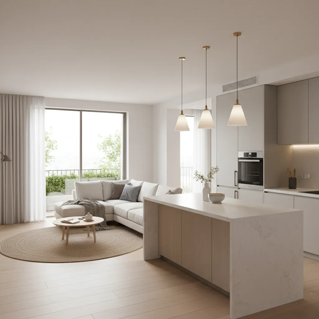 Kitchen island separating kitchen and living room zones