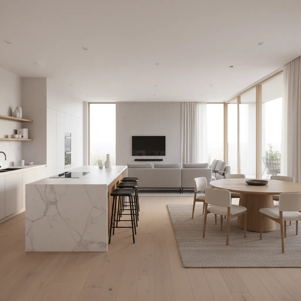 Open living area with marble kitchen island round dining table grey sofa and large bright windows