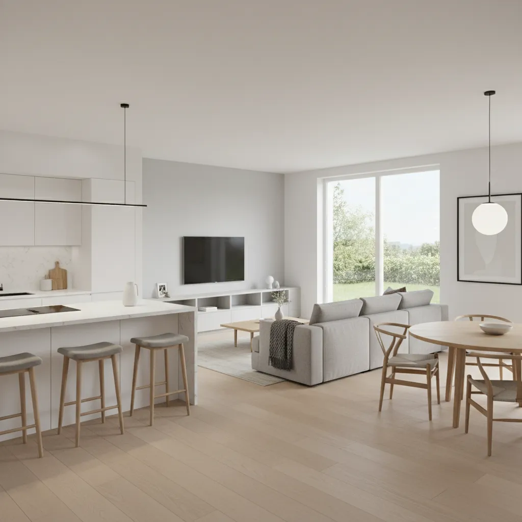 Minimalist white kitchen and living room with wooden dining table grey sofa and bright natural light