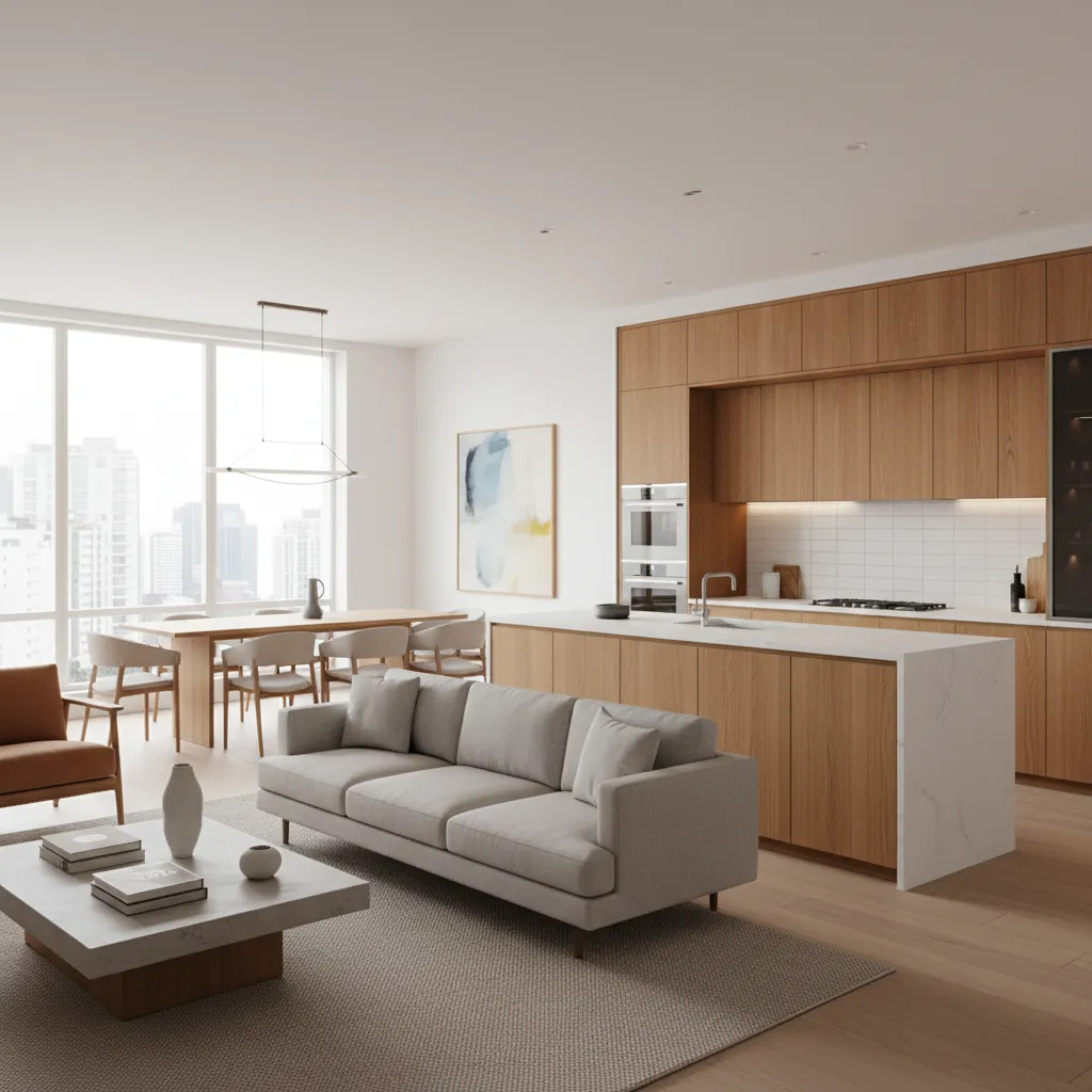 Open kitchen connected to living room with island and dining area in modern apartment