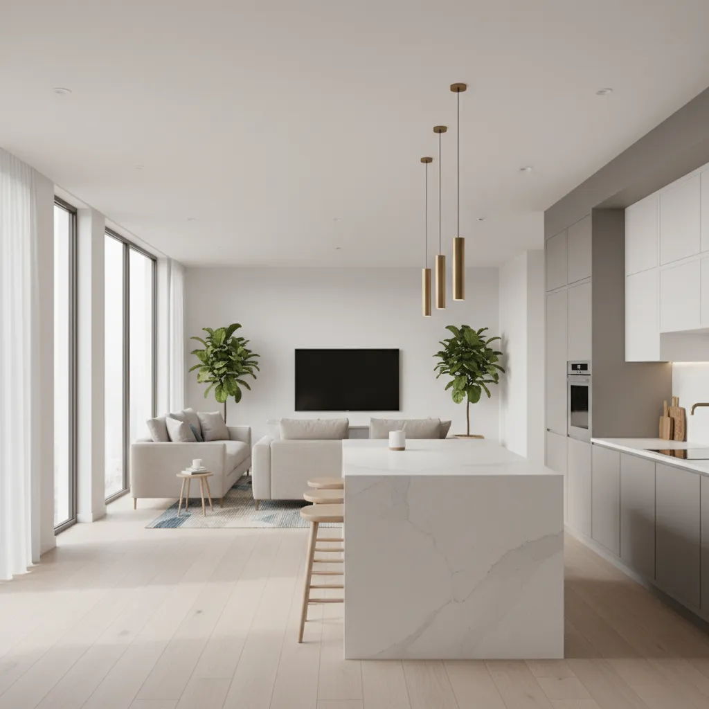 open kitchen connected to living room with modern modular cabinets