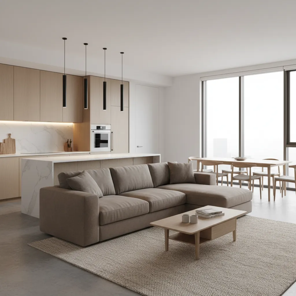 Open kitchen living room zoning using sofa divider and rug