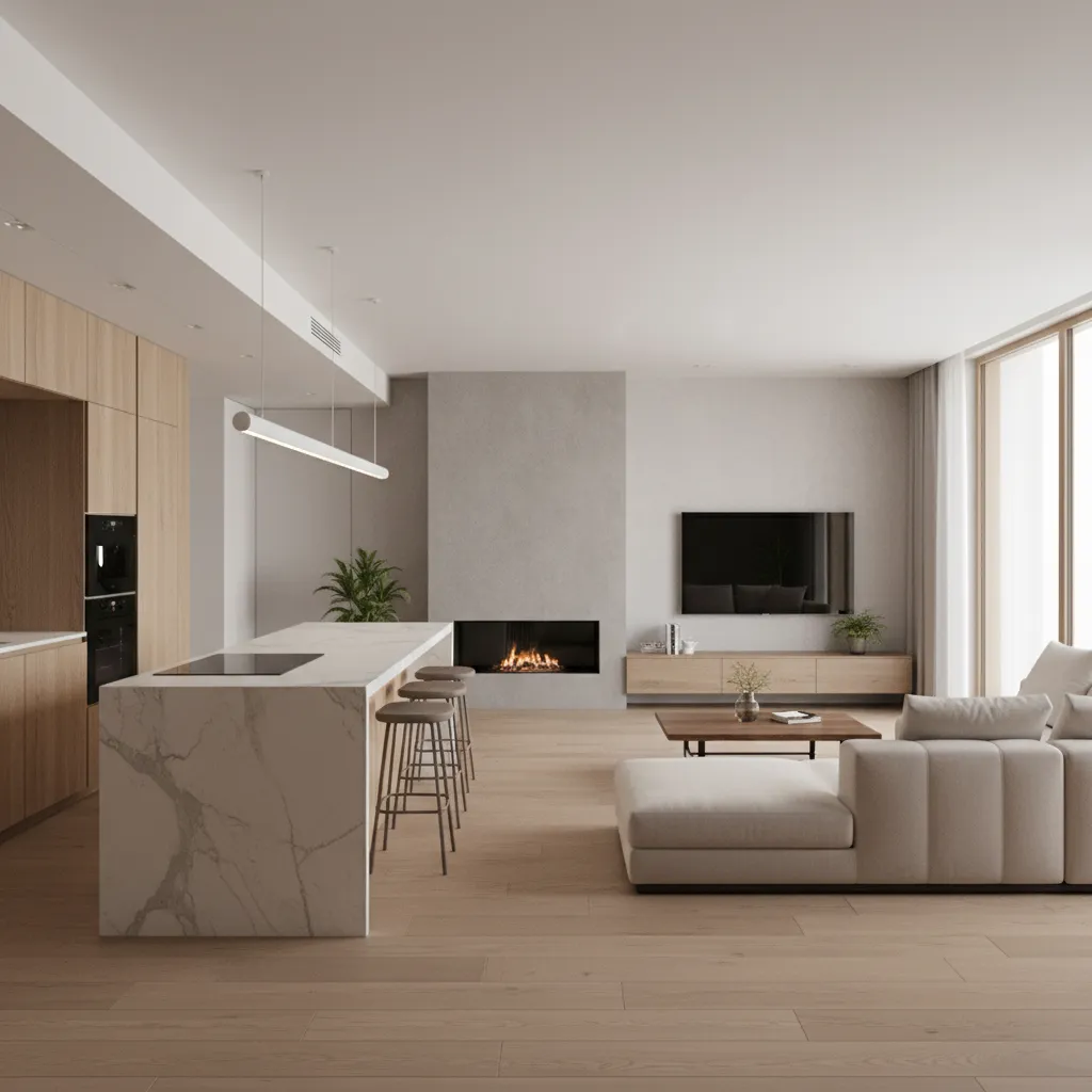 open kitchen living room layout showing clear zones for cooking dining and seating