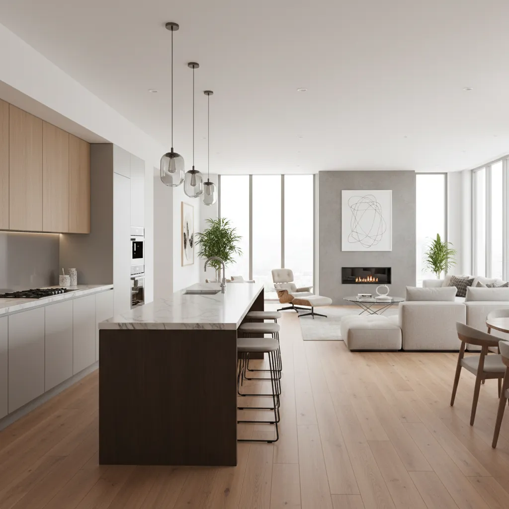 Open kitchen island aligned with living room creating visual axis in modern house