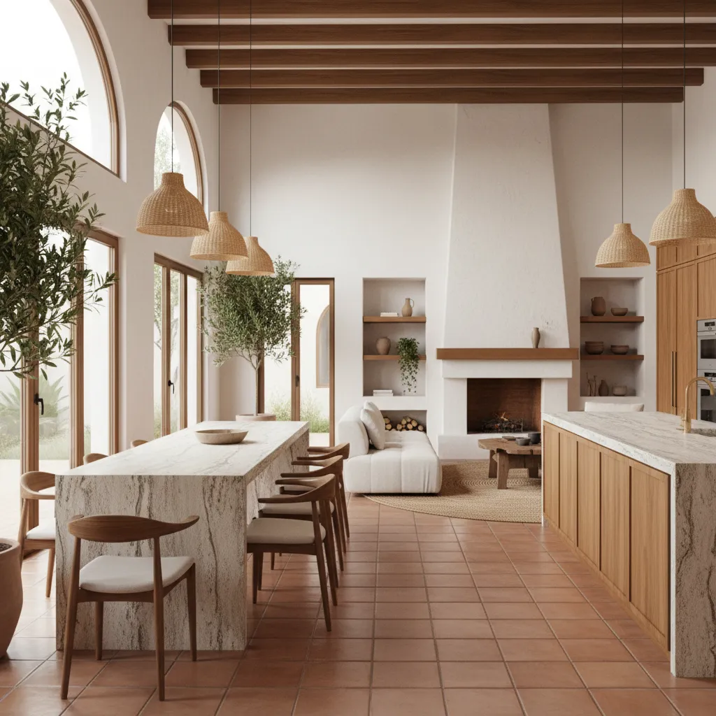 Cocina abierta conectada con salón en vivienda moderna