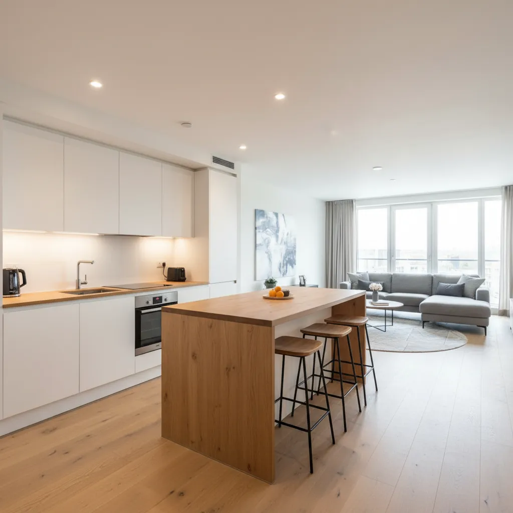 Open plan white kitchen with wooden island bar stools and gray living room sofa area