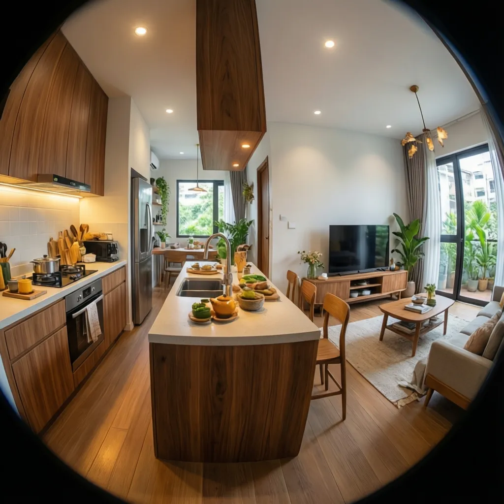 Open kitchen and living room layout in a narrow Vietnamese tube house